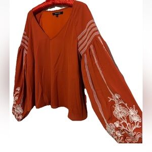 Strut and Bolt Top L Revolve Embroidered Balloon Sleeve Boho Silky Shirt Blouse